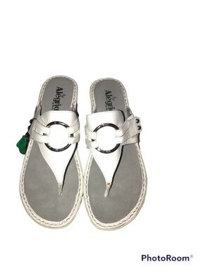Alegria White Leather Thong Sandals with Silver Ring Accent